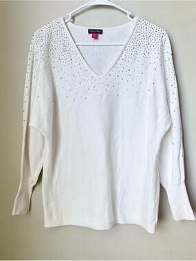 Vince Camuto M White Embellished V-Neck Sweater Rhinestone Long Sleeve